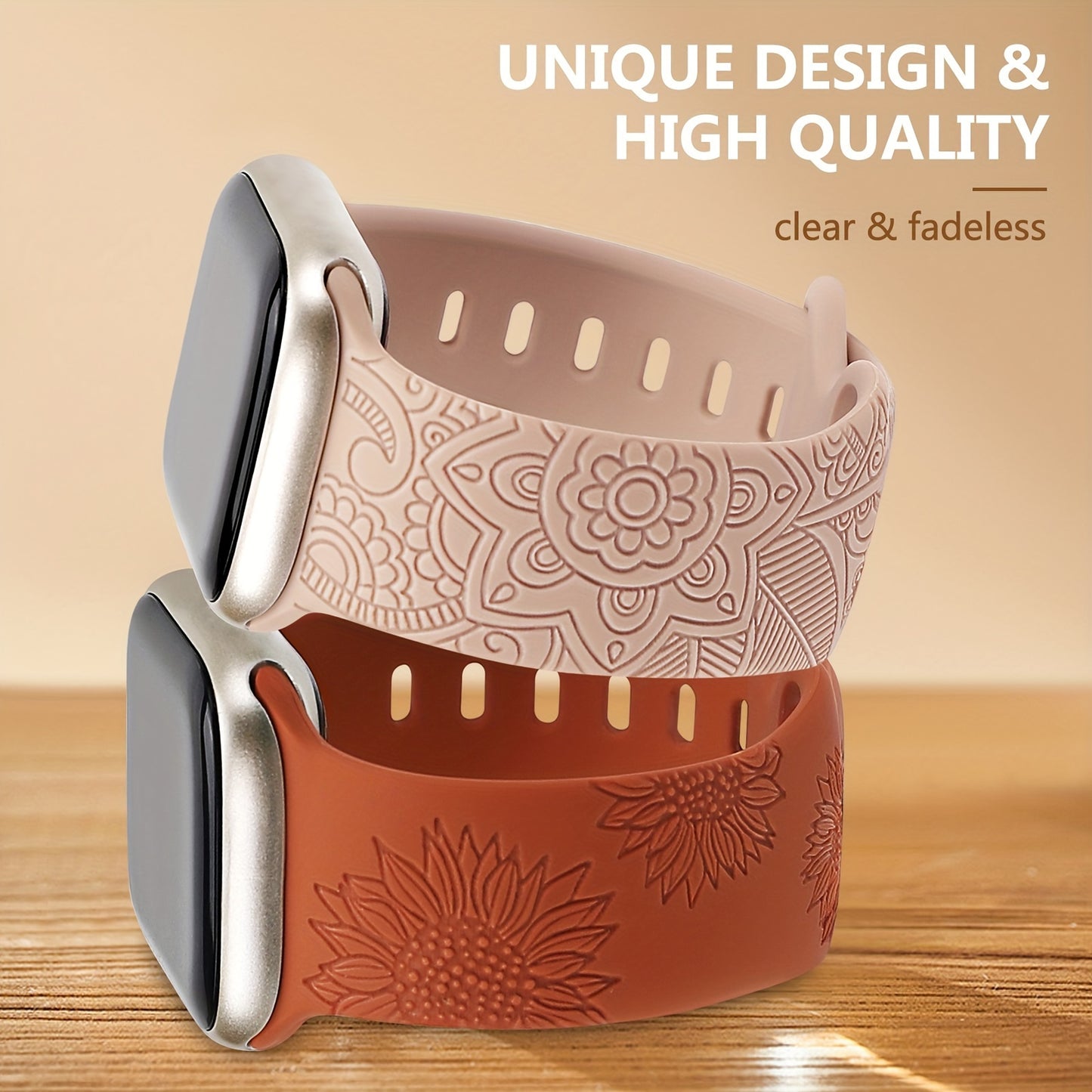2-Pack iWatch Bands - Floral Engraved, Water-Resistant, Soft Silicone Straps, 40mm-49mm, Compatible with Series 8\u002F7\u002F6\u002F5\u002F4\u002F3\u002F2\u002F1\u002FSE\u002FUltra