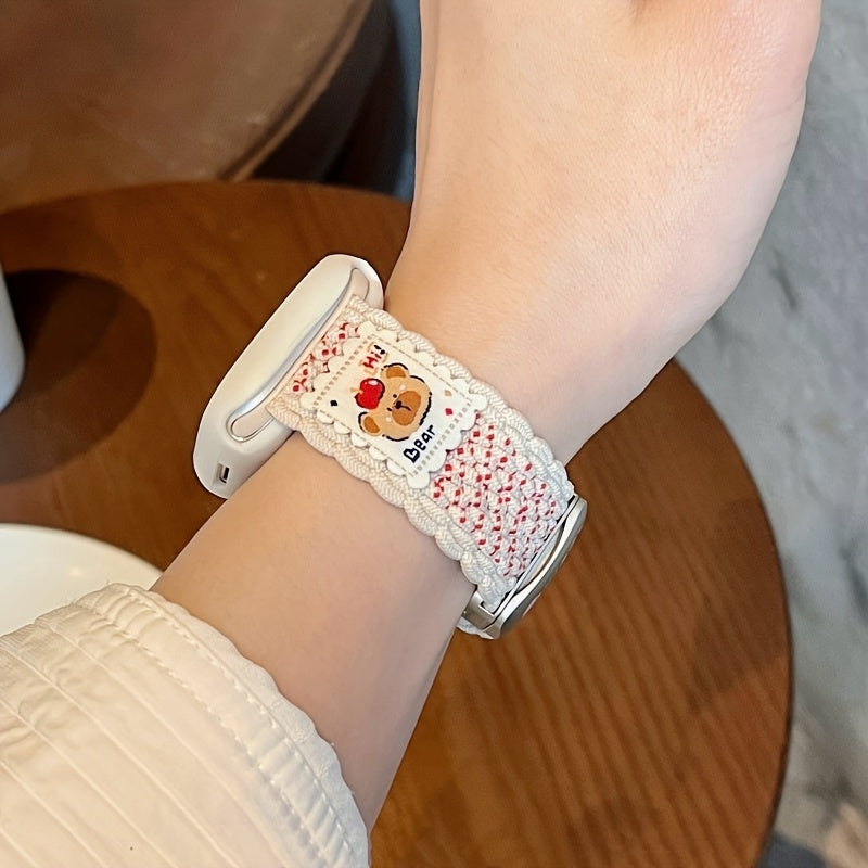 Y2K Summer Stylish Bear Magnetic Nylon Strap + Case for Apple Watch 10 Ultra 9 8 7 6 SE 5 Cute Knitting Breathable Band for iwatch 42mm 46mm 49mm 45 40 42 44 38 Gift