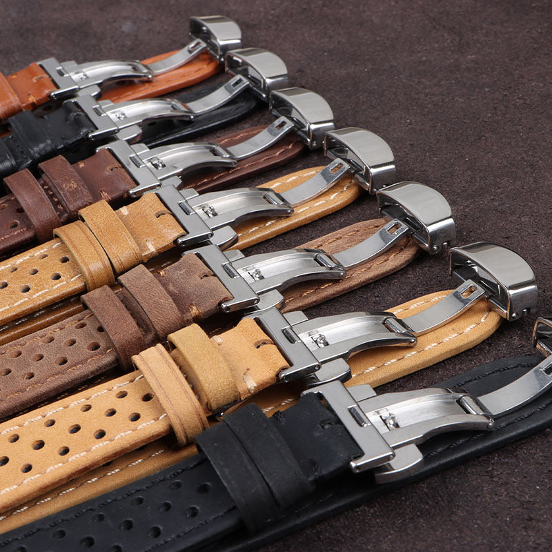 Vintage Cowhide Watchband 20Mm 22Mm Breathable Matte&Oil Leather Watch Strap Butterfly Buckle Men Women Bracelet