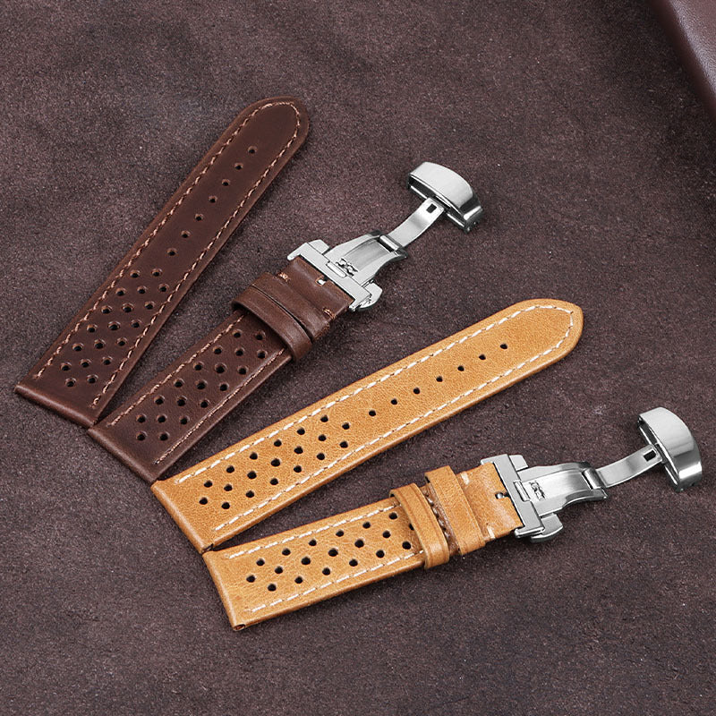 Vintage Cowhide Watchband 20Mm 22Mm Breathable Matte&Oil Leather Watch Strap Butterfly Buckle Men Women Bracelet