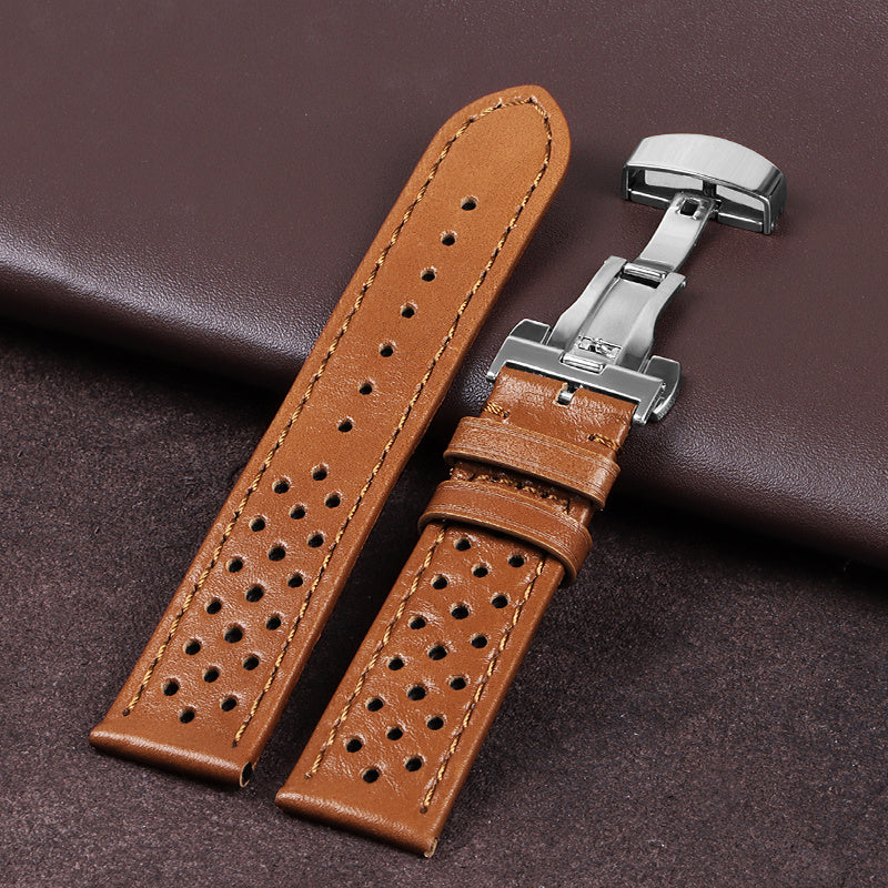 Vintage Cowhide Watchband 20Mm 22Mm Breathable Matte&Oil Leather Watch Strap Butterfly Buckle Men Women Bracelet