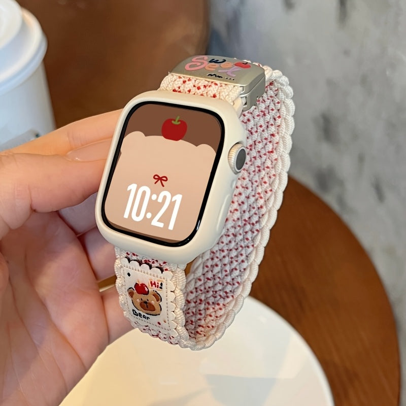 Y2K Summer Stylish Bear Magnetic Nylon Strap + Case for Apple Watch 10 Ultra 9 8 7 6 SE 5 Cute Knitting Breathable Band for iwatch 42mm 46mm 49mm 45 40 42 44 38 Gift