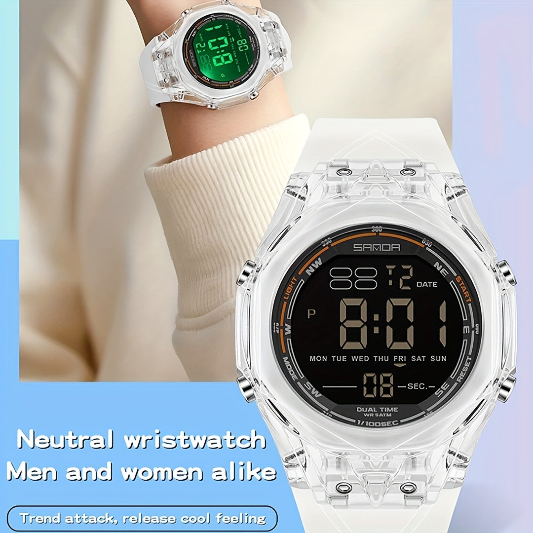 SANDA Men'S & Women'S Digital Watch, Semi-Transparent Case, Countdown, Alarm Clock, Dual Time, Night Light, 5ATM, Sports Watch, Commuting\u002FExam\u002FSports, SANDA