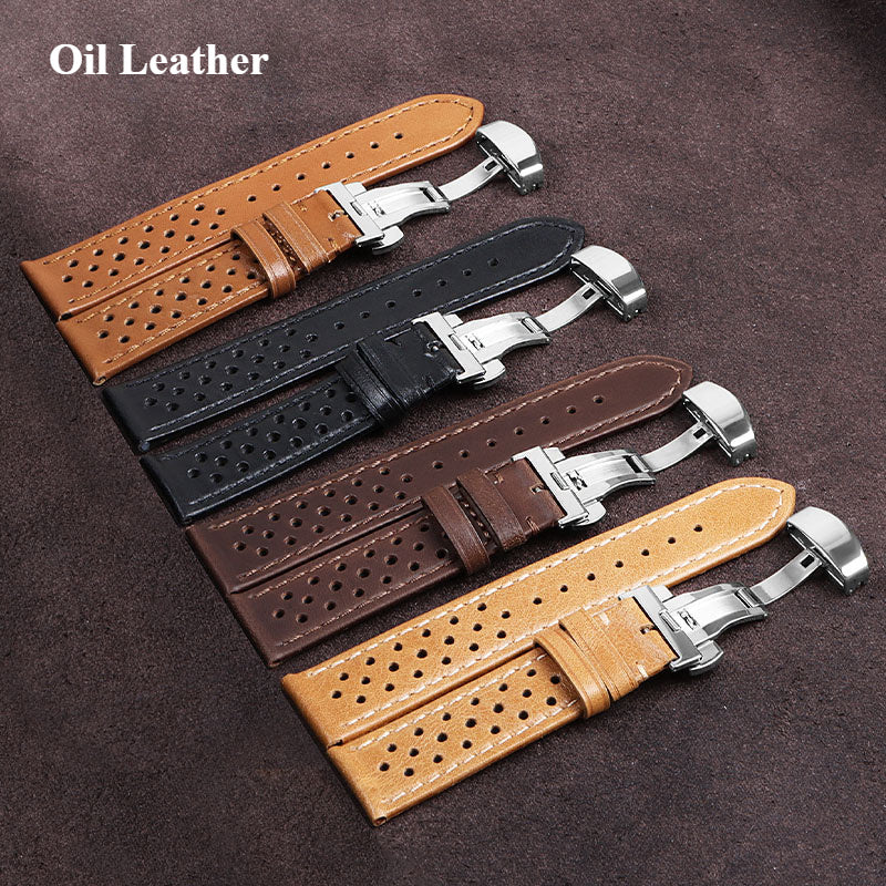 Vintage Cowhide Watchband 20Mm 22Mm Breathable Matte&Oil Leather Watch Strap Butterfly Buckle Men Women Bracelet