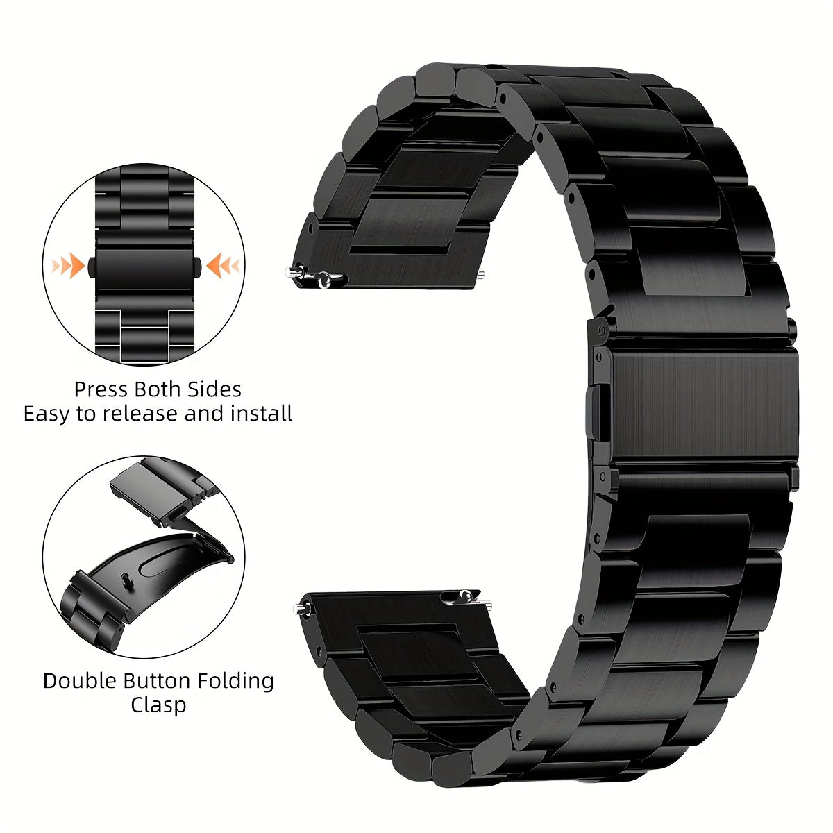 Unisex Quick-Release Stainless Steel Watch Band - 20mm & 22mm Metal Link Replacement Strap with Push Button Clasp, Durable & Stylish for Men & Women, Secure Fit Strap, Sleek Metallic Finish