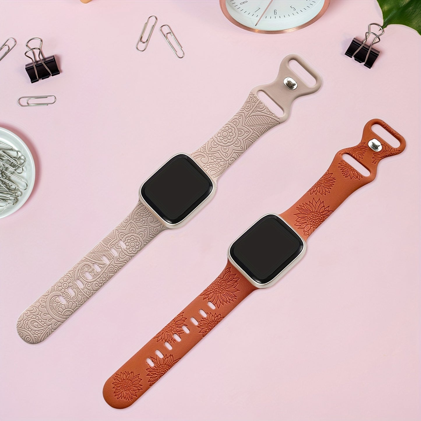 2-Pack iWatch Bands - Floral Engraved, Water-Resistant, Soft Silicone Straps, 40mm-49mm, Compatible with Series 8\u002F7\u002F6\u002F5\u002F4\u002F3\u002F2\u002F1\u002FSE\u002FUltra