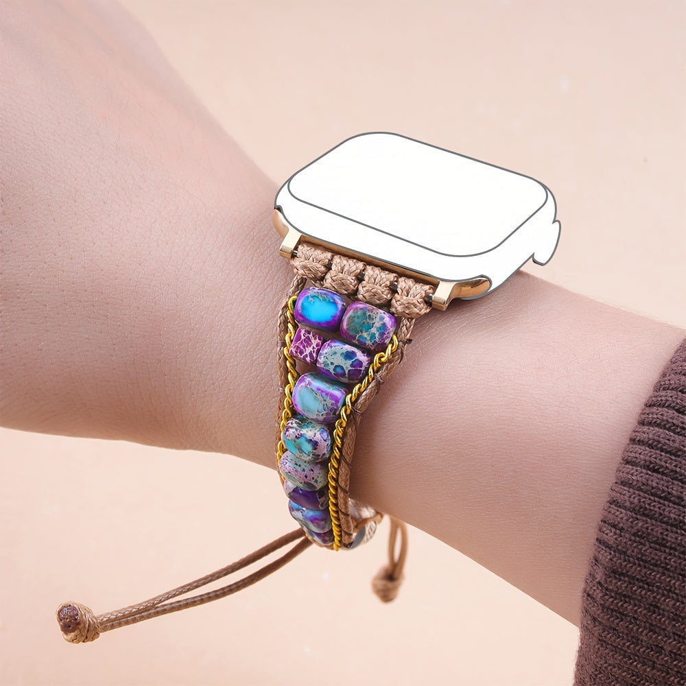 Dark Blue Imperial Stone Purple Flower Imperial Stone Stone Beads Hand-Woven Watch Strap Bohemian Style Apple Watch Strap Suitable for Iwatch Series 9 8 7 6 5 4 3 2 1 Se Ultra