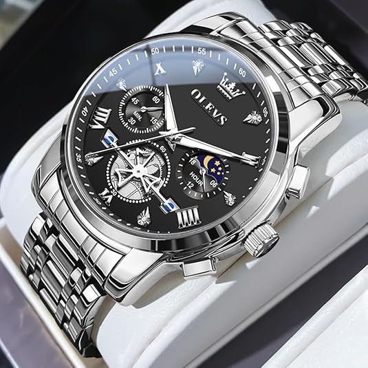 Men's Silver Watch, Men's Stainless Steel Chronograph Watch, Men's Analog Quartz Large Face Men's Watch Luxury Waterproof Roman Numerals Dress Diamond Cameo