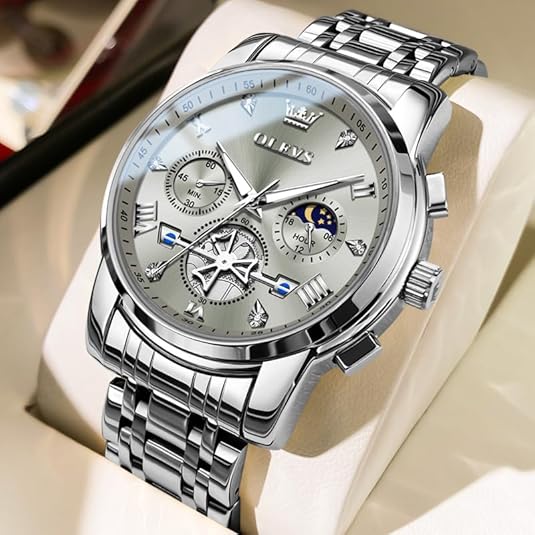 Men's Silver Watch, Men's Stainless Steel Chronograph Watch, Men's Analog Quartz Large Face Men's Watch Luxury Waterproof Roman Numerals Dress Diamond Cameo