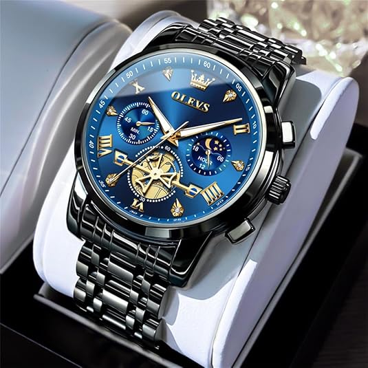 Men's Silver Watch, Men's Stainless Steel Chronograph Watch, Men's Analog Quartz Large Face Men's Watch Luxury Waterproof Roman Numerals Dress Diamond Cameo