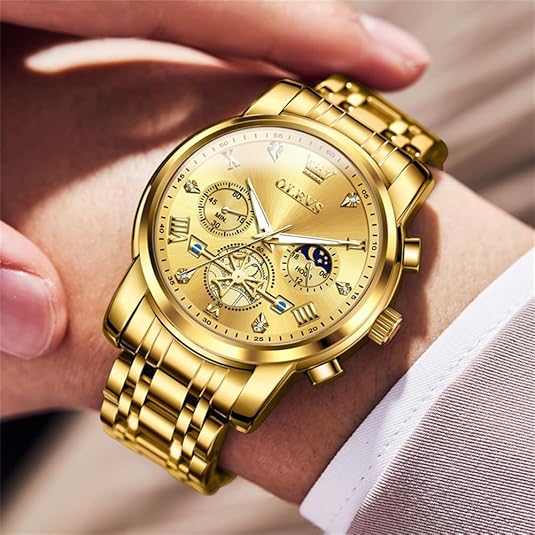 Men's Silver Watch, Men's Stainless Steel Chronograph Watch, Men's Analog Quartz Large Face Men's Watch Luxury Waterproof Roman Numerals Dress Diamond Cameo