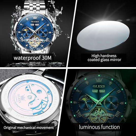 Men's Automatic Watch Skull Mechanical Classic Luxury Business Diamond Stainless Steel Waterproof Luminous Date Calendar Men's Watch