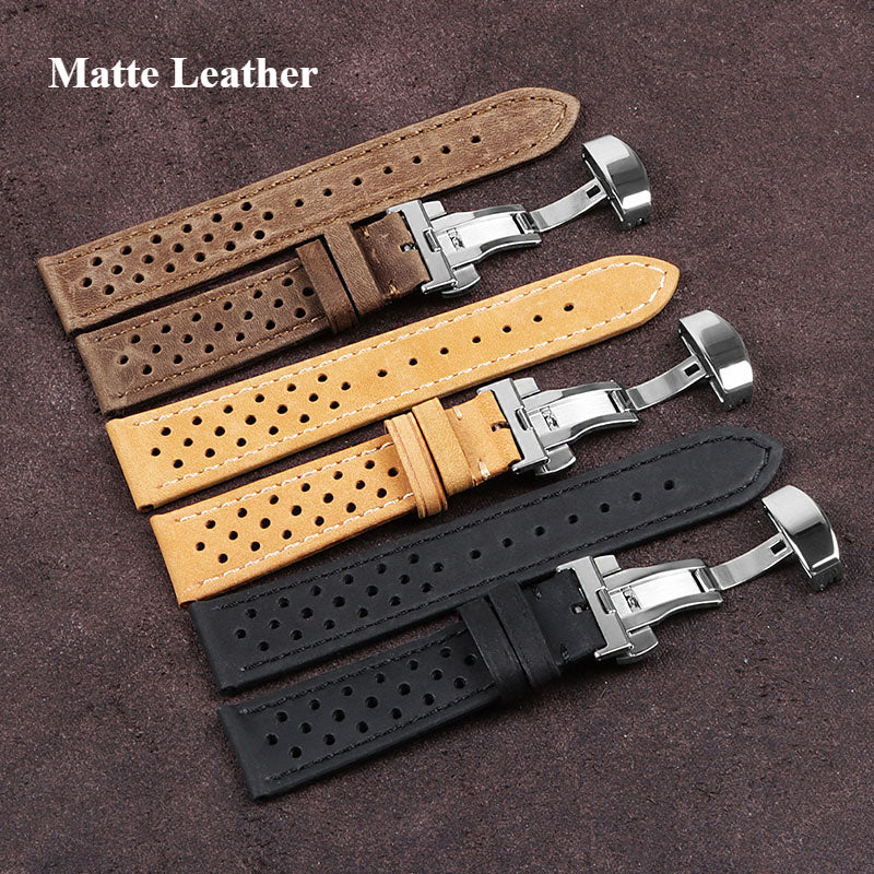 Vintage Cowhide Watchband 20Mm 22Mm Breathable Matte&Oil Leather Watch Strap Butterfly Buckle Men Women Bracelet