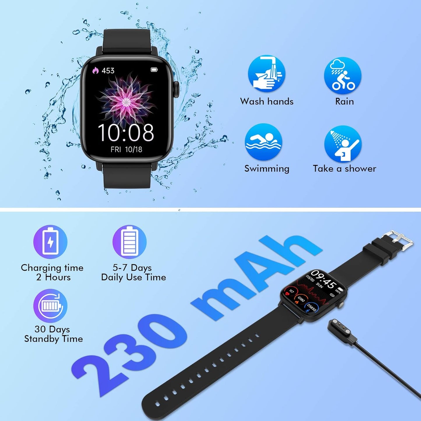 Smart Watch for Android iPhone, 1.9 Inch Fitness Tracker (Answer/Make Calls) IP 67 Waterproof Sports Digital Watch, Blood Pressure Heart Rate Monitor Pedometer Sleep Tracker