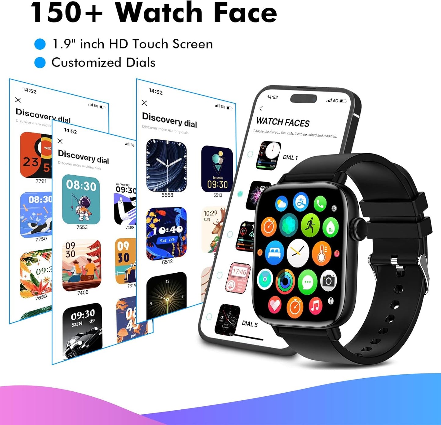 Smart Watch for Android iPhone, 1.9 Inch Fitness Tracker (Answer/Make Calls) IP 67 Waterproof Sports Digital Watch, Blood Pressure Heart Rate Monitor Pedometer Sleep Tracker
