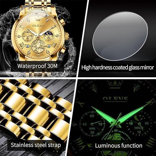 Men's Silver Watch, Men's Stainless Steel Chronograph Watch, Men's Analog Quartz Large Face Men's Watch Luxury Waterproof Roman Numerals Dress Diamond Cameo