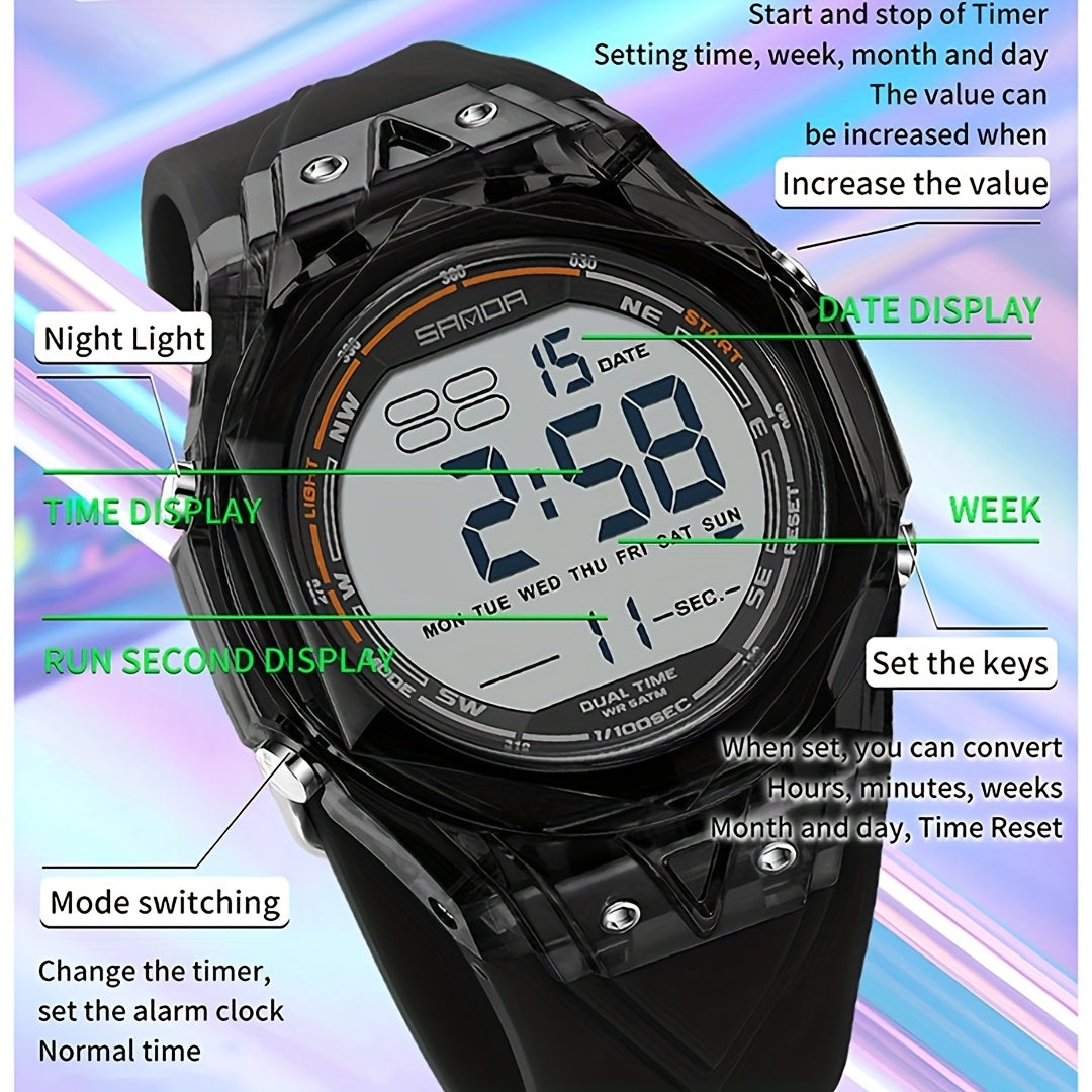 SANDA Men'S & Women'S Digital Watch, Semi-Transparent Case, Countdown, Alarm Clock, Dual Time, Night Light, 5ATM, Sports Watch, Commuting\u002FExam\u002FSports, SANDA