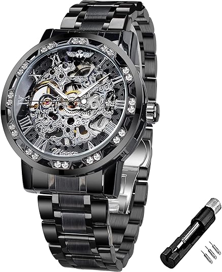 Vintage Manual Mechanical Skull Watch with Diamonds and Engraved Flower Craft Men's Skull Watch Mechanical Classic Roman Numerals
