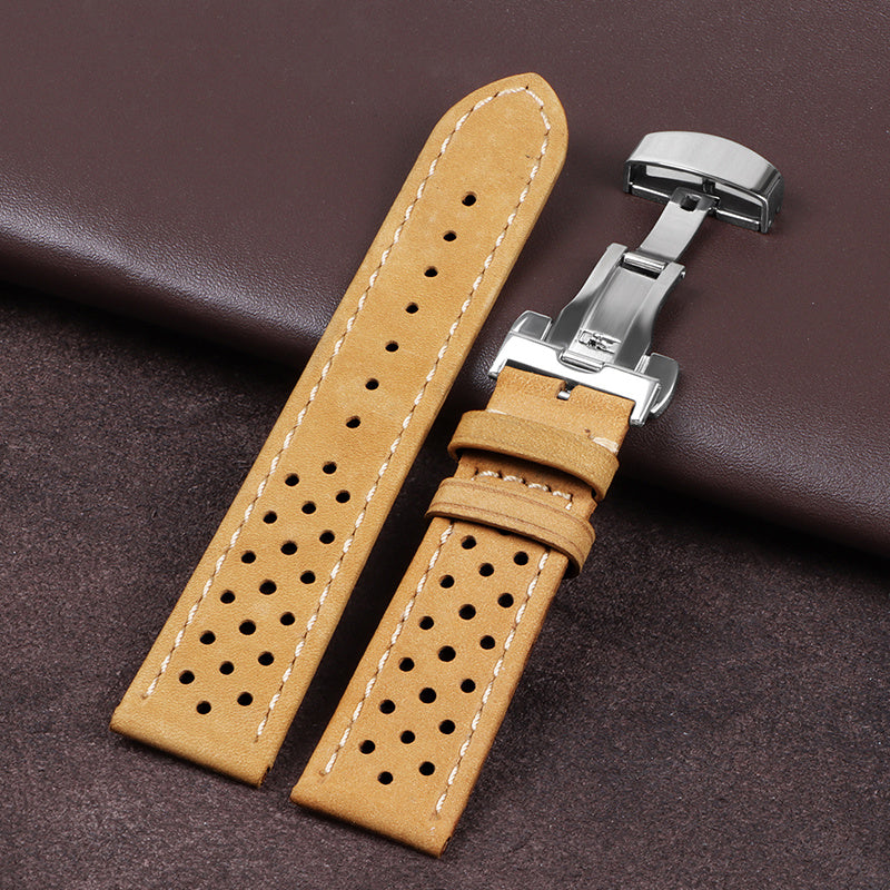 Vintage Cowhide Watchband 20Mm 22Mm Breathable Matte&Oil Leather Watch Strap Butterfly Buckle Men Women Bracelet