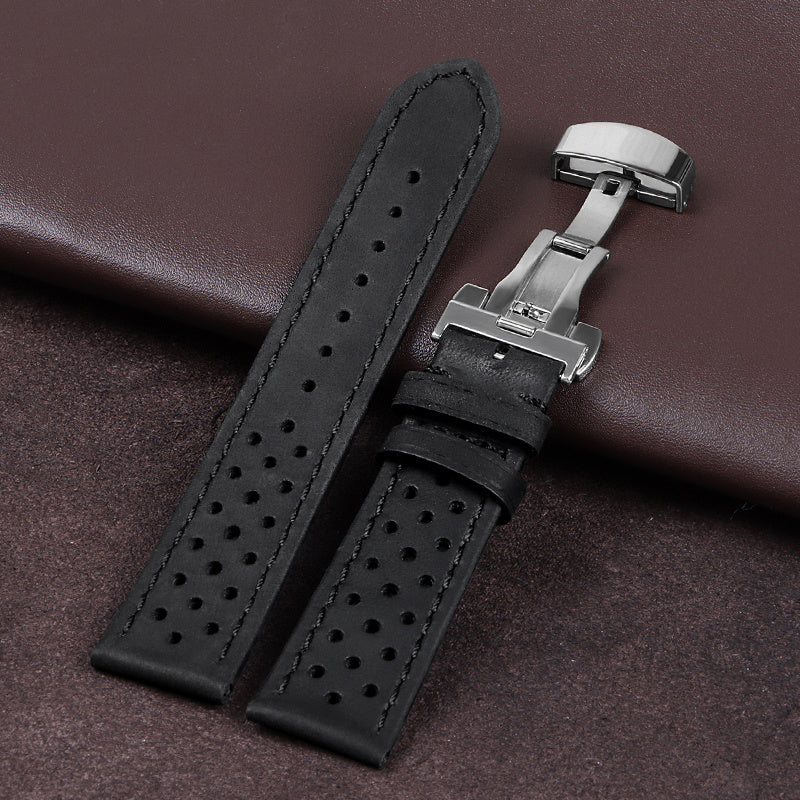 Vintage Cowhide Watchband 20Mm 22Mm Breathable Matte&Oil Leather Watch Strap Butterfly Buckle Men Women Bracelet