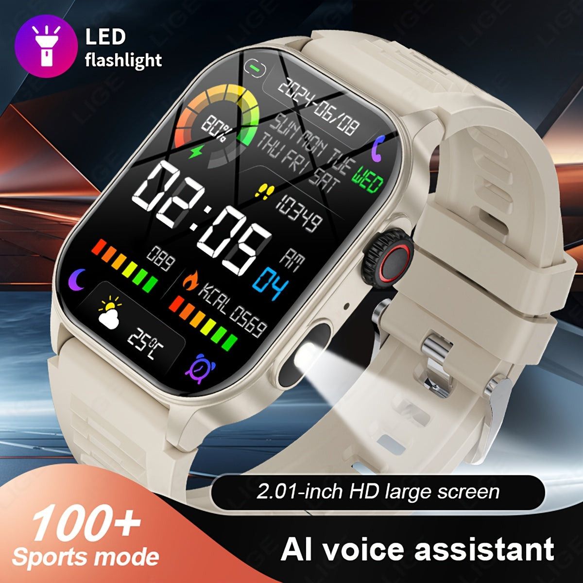 LIGE New Smart Watch LED Flashlight 2.01-inch High-definition Large Screen 370mAh Wireless Call Weather Forecast AI Voice Assistant Dial 100+ Scientific Sports Modes Rich Applications Reminder Function Sports Watch Gift for Men And Women