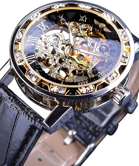 Vintage Manual Mechanical Skull Watch with Diamonds and Engraved Flower Craft Men's Skull Watch Mechanical Classic Roman Numerals