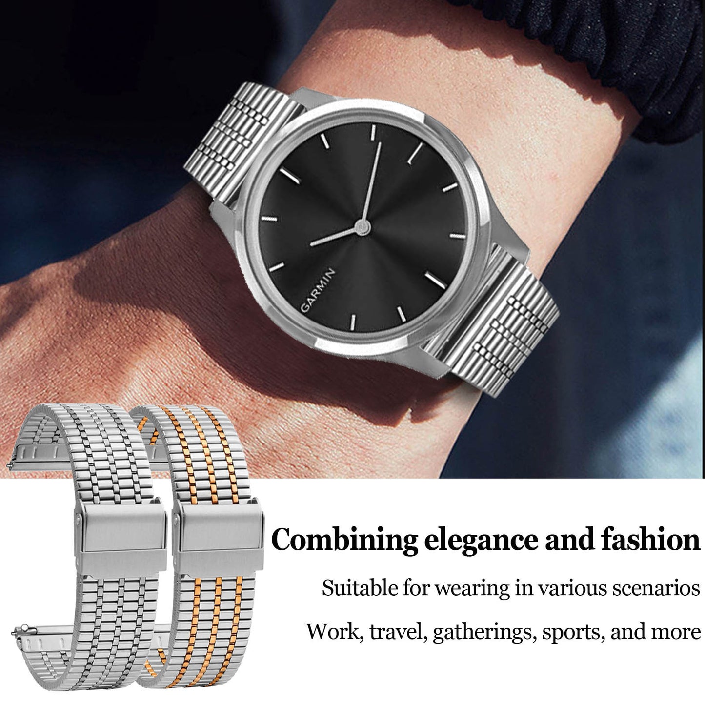 Suitable for Garmin Forerunner 645\u002F645 Music Aseniu Seven-Bead Watch Band, Stainless Steel Breathable Strap, Unisex Design – Ideal Gift for 11 Holidays