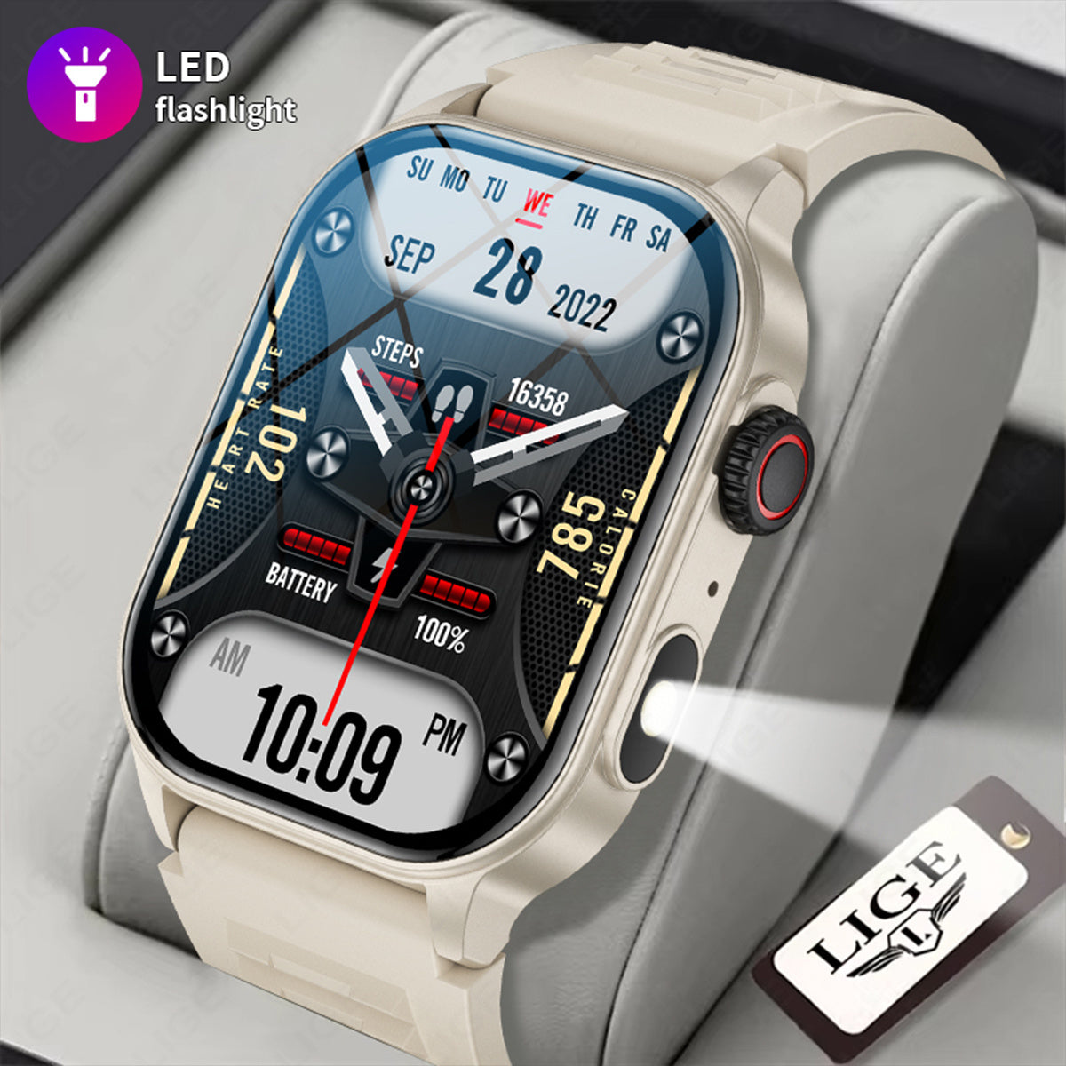 LIGE New Smart Watch LED Flashlight 2.01-inch High-definition Large Screen 370mAh Wireless Call Weather Forecast AI Voice Assistant Dial 100+ Scientific Sports Modes Rich Applications Reminder Function Sports Watch Gift for Men And Women