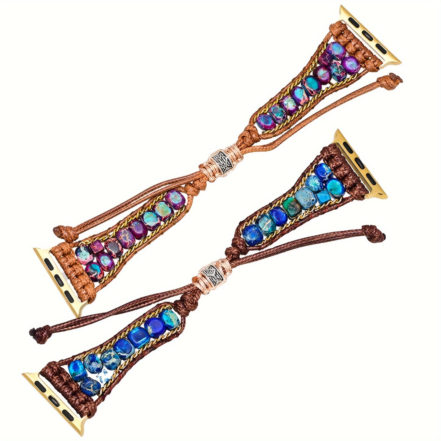 Dark Blue Imperial Stone Purple Flower Imperial Stone Stone Beads Hand-Woven Watch Strap Bohemian Style Apple Watch Strap Suitable for Iwatch Series 9 8 7 6 5 4 3 2 1 Se Ultra