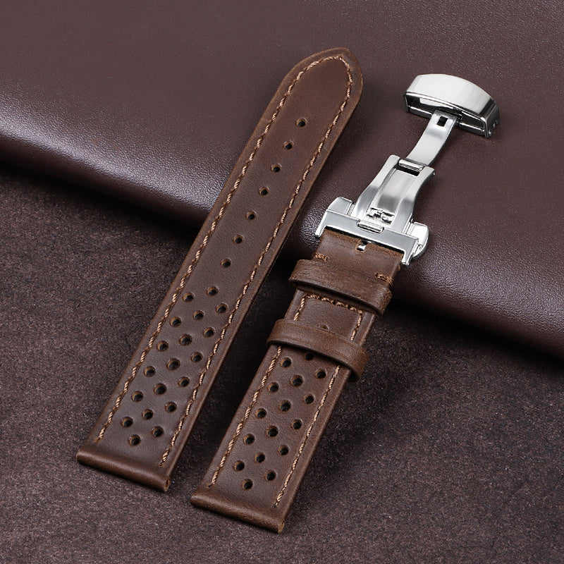 Vintage Cowhide Watchband 20Mm 22Mm Breathable Matte&Oil Leather Watch Strap Butterfly Buckle Men Women Bracelet