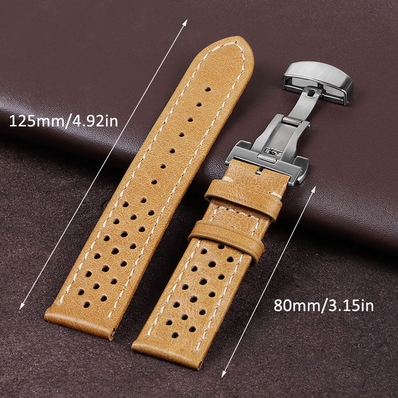 Vintage Cowhide Watchband 20Mm 22Mm Breathable Matte&Oil Leather Watch Strap Butterfly Buckle Men Women Bracelet