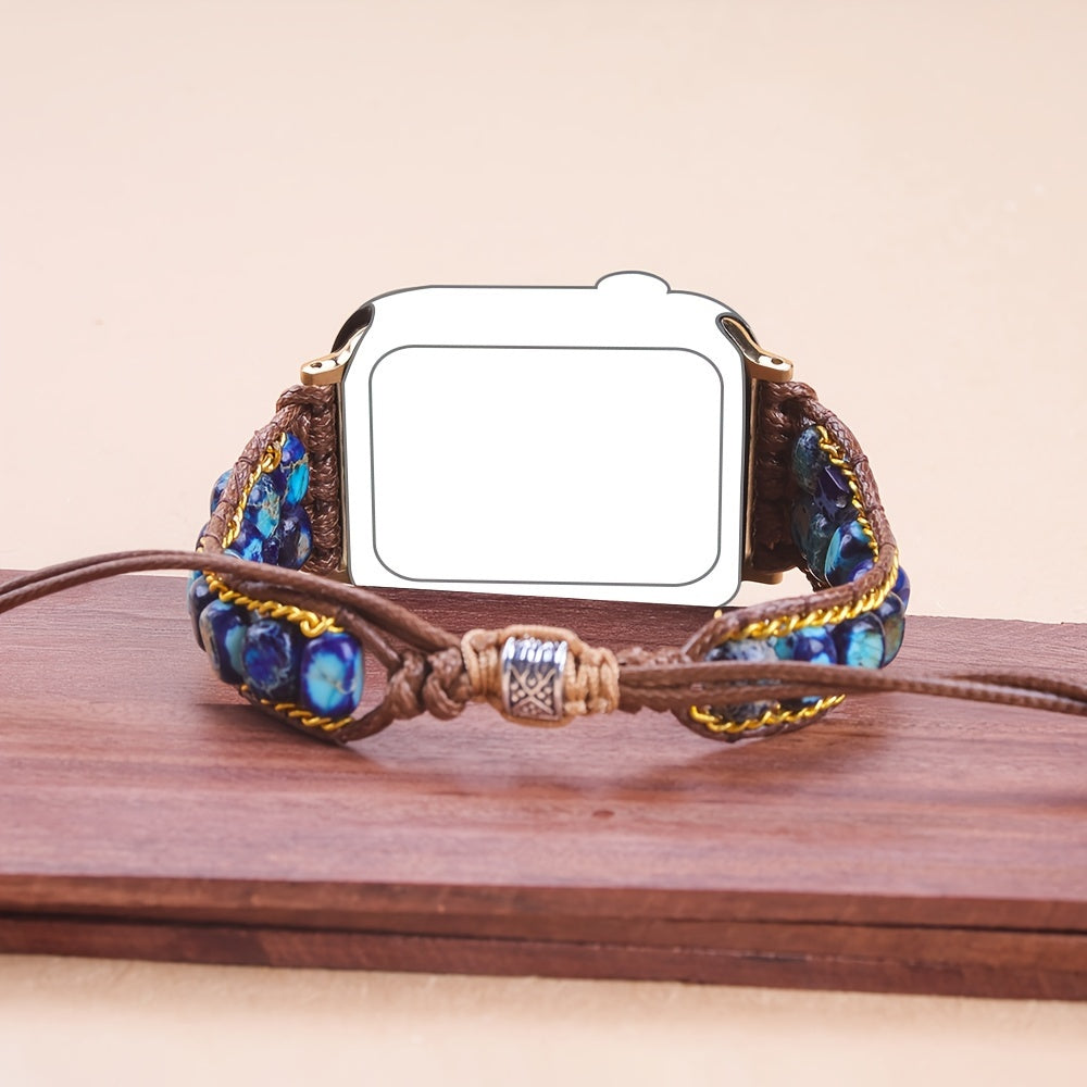 Dark Blue Imperial Stone Purple Flower Imperial Stone Stone Beads Hand-Woven Watch Strap Bohemian Style Apple Watch Strap Suitable for Iwatch Series 9 8 7 6 5 4 3 2 1 Se Ultra