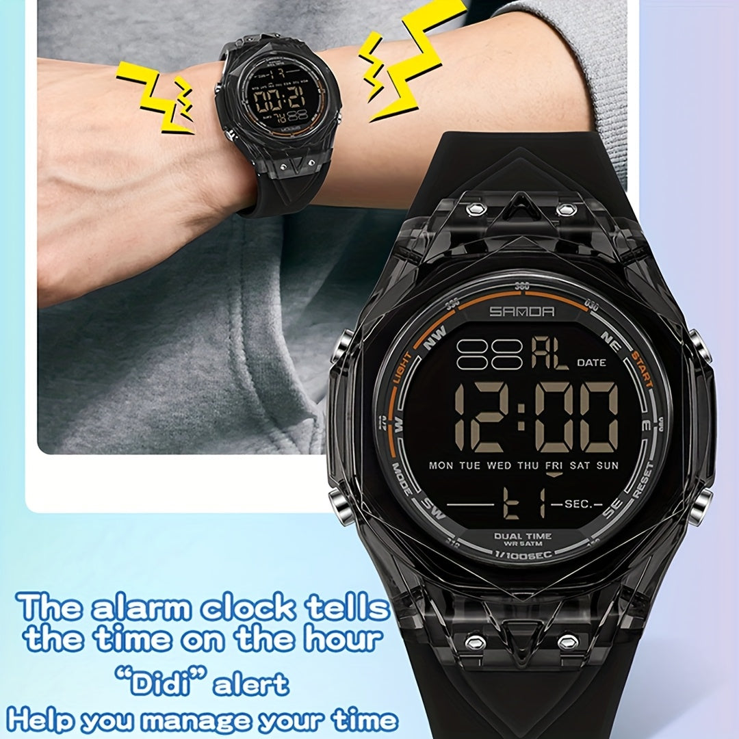SANDA Men'S & Women'S Digital Watch, Semi-Transparent Case, Countdown, Alarm Clock, Dual Time, Night Light, 5ATM, Sports Watch, Commuting\u002FExam\u002FSports, SANDA