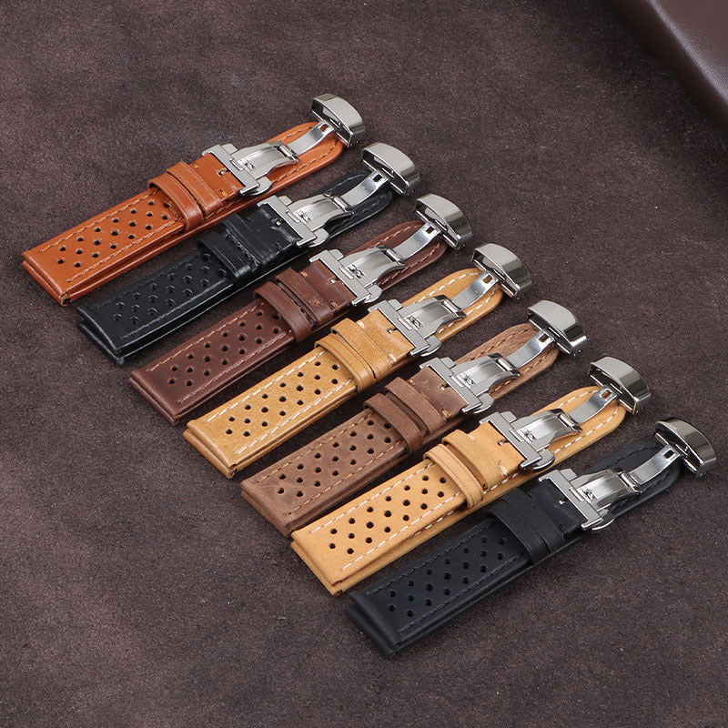 Vintage Cowhide Watchband 20Mm 22Mm Breathable Matte&Oil Leather Watch Strap Butterfly Buckle Men Women Bracelet