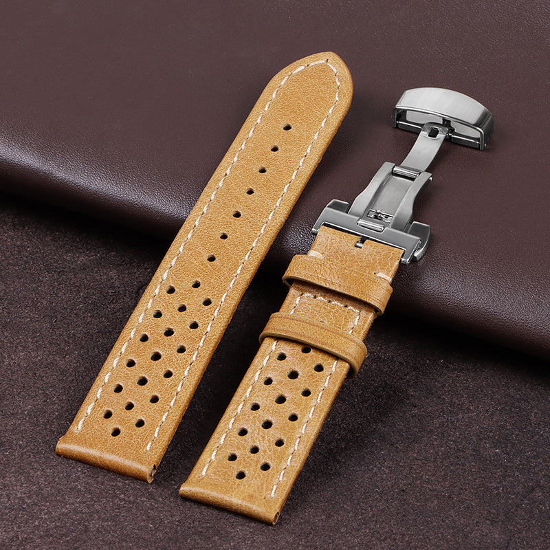 Vintage Cowhide Watchband 20Mm 22Mm Breathable Matte&Oil Leather Watch Strap Butterfly Buckle Men Women Bracelet