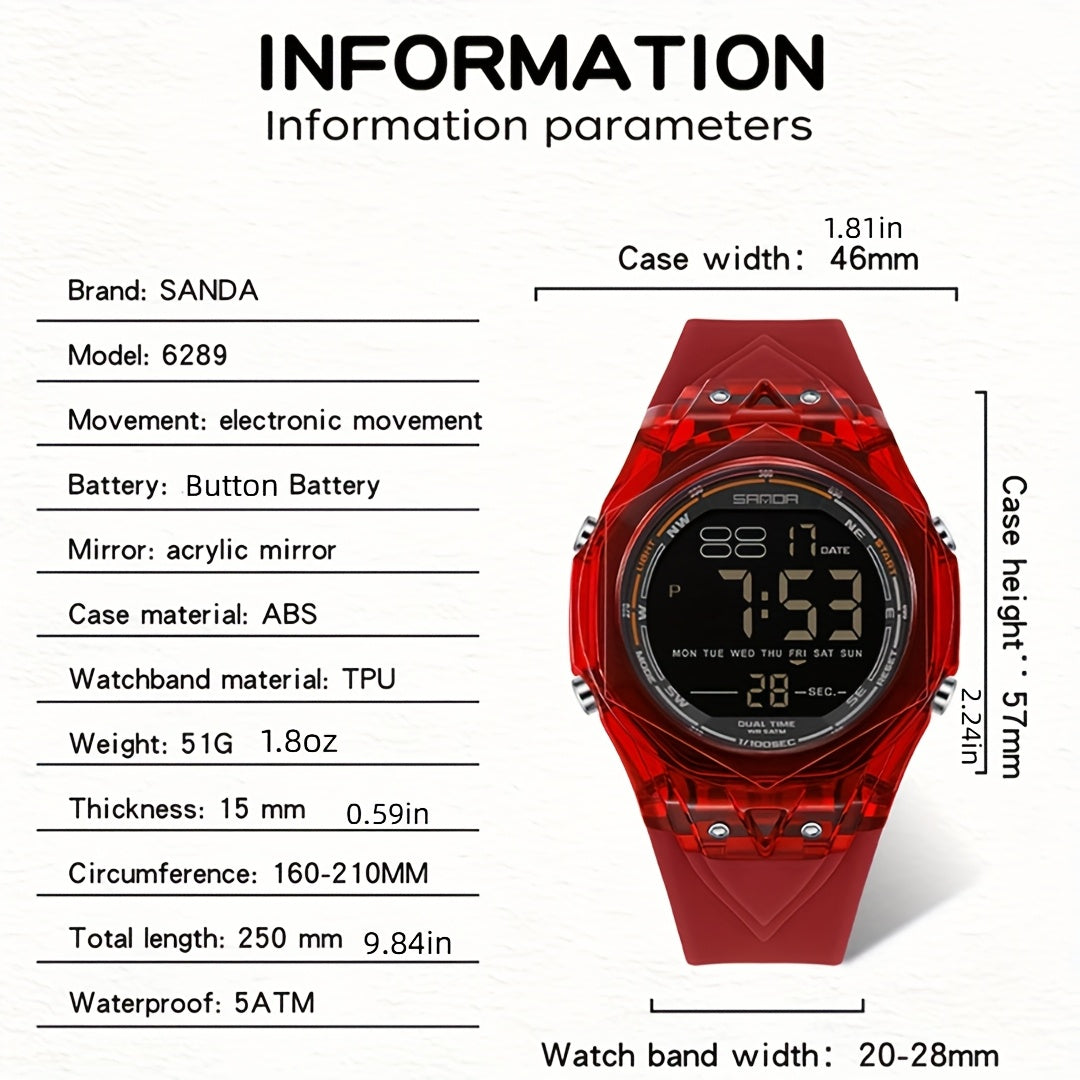 SANDA Men'S & Women'S Digital Watch, Semi-Transparent Case, Countdown, Alarm Clock, Dual Time, Night Light, 5ATM, Sports Watch, Commuting\u002FExam\u002FSports, SANDA