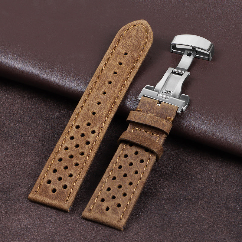 Vintage Cowhide Watchband 20Mm 22Mm Breathable Matte&Oil Leather Watch Strap Butterfly Buckle Men Women Bracelet
