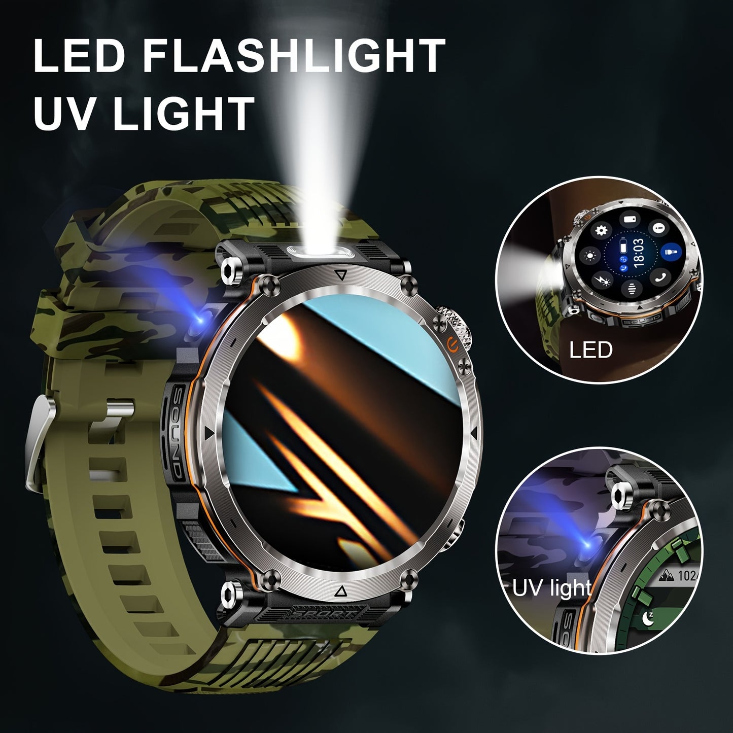 Men's Sports Smart Bracelet Watch for Men And Women (Answer/Make Call), 1.7" IPS Round Full Screen Fitness Tracker with Flashlight, Compass, 100+ Sport Modes