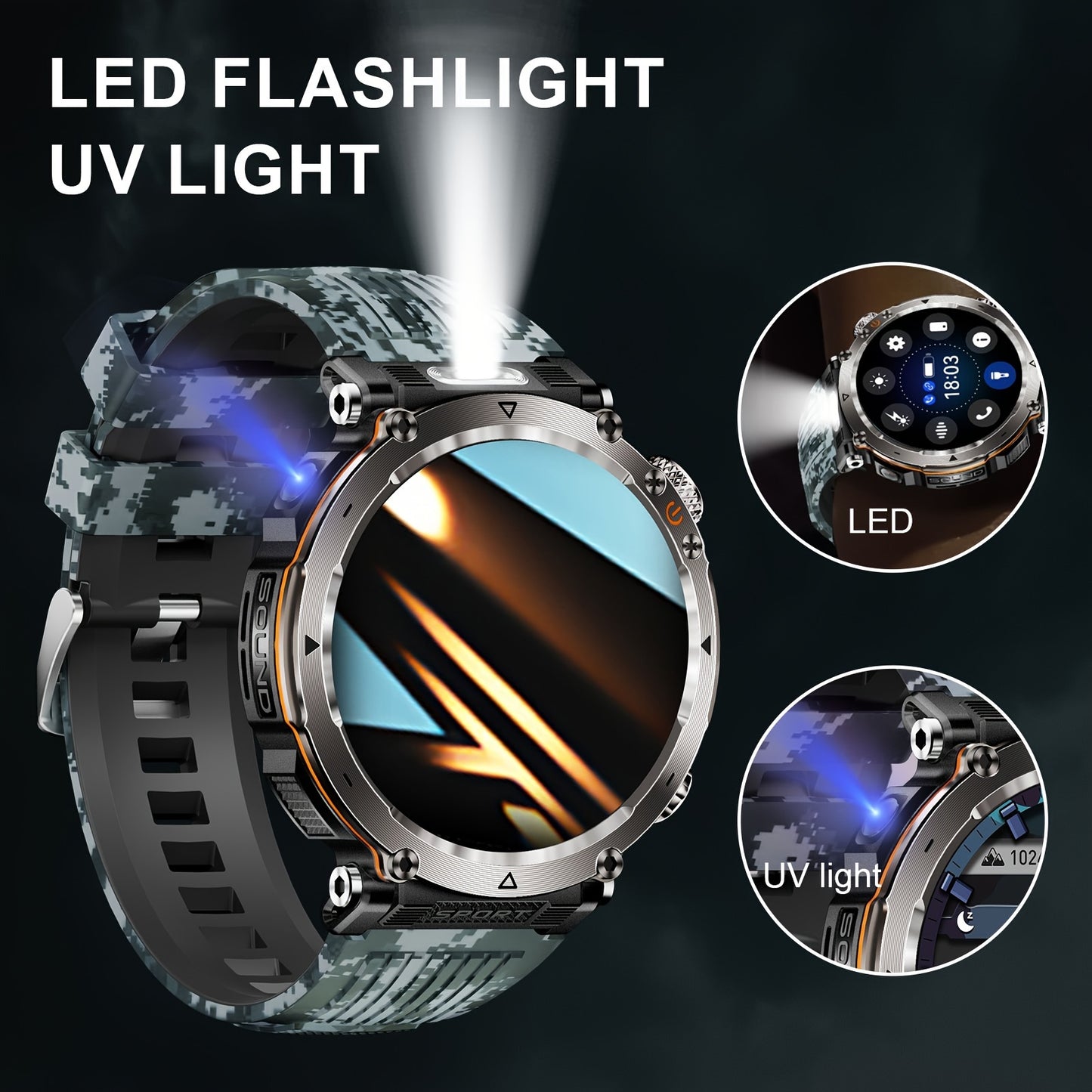 Men's Sports Smart Bracelet Watch for Men And Women (Answer/Make Call), 1.7" IPS Round Full Screen Fitness Tracker with Flashlight, Compass, 100+ Sport Modes