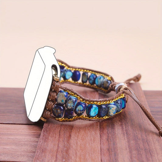 Dark Blue Imperial Stone Purple Flower Imperial Stone Stone Beads Hand-Woven Watch Strap Bohemian Style Apple Watch Strap Suitable for Iwatch Series 9 8 7 6 5 4 3 2 1 Se Ultra