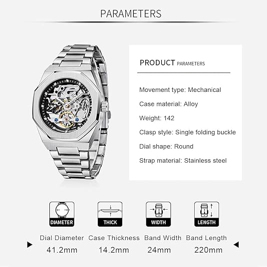 Mechanical Men's Watch Fashion Automatic Men's Clock Blue Stainless Steel Waterproof Business Hollow Watch