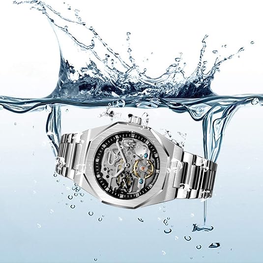 Mechanical Men's Watch Fashion Automatic Men's Clock Blue Stainless Steel Waterproof Business Hollow Watch