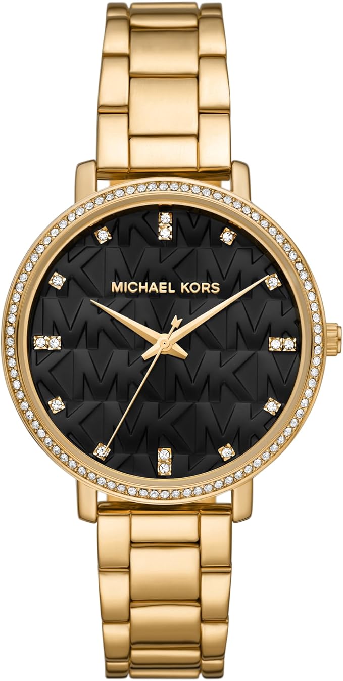 Pyper Three-Hand Gold Alloy Metal Women's Watch (Model: MK4593), Gold and Black Logo, Quartz Watch