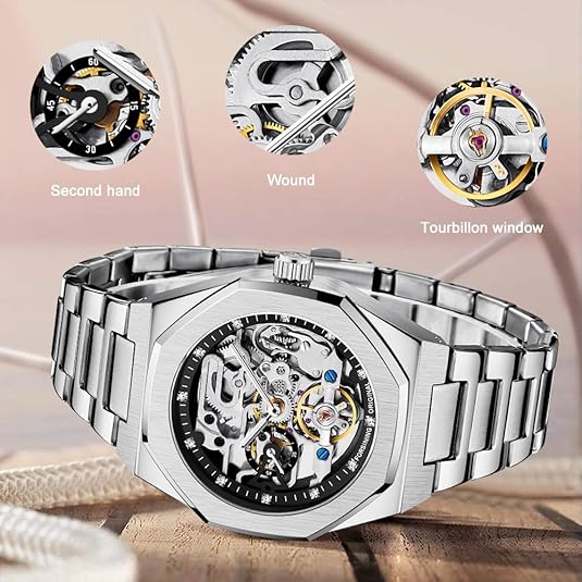 Mechanical Men's Watch Fashion Automatic Men's Clock Blue Stainless Steel Waterproof Business Hollow Watch