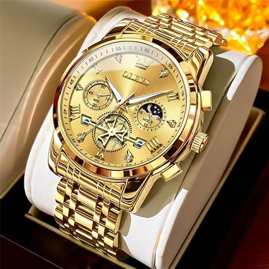 Men's Silver Watch, Men's Stainless Steel Chronograph Watch, Men's Analog Quartz Large Face Men's Watch Luxury Waterproof Roman Numerals Dress Diamond Cameo