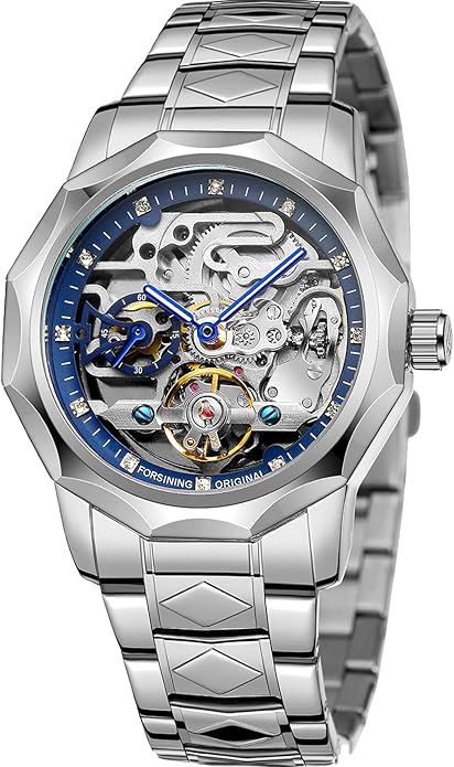 Mechanical Men's Watch Fashion Automatic Men's Clock Blue Stainless Steel Waterproof Business Hollow Watch