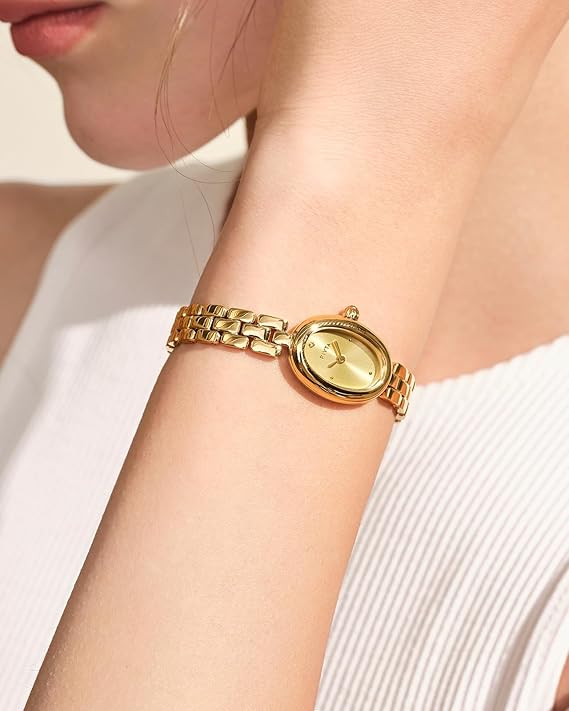 Golden Bean Series Women's Watch, Oval Case, Adjustable Stainless Steel Bracelet, Wrapped by Stylish Gift Box, Elegant Present Gold Watch for Women