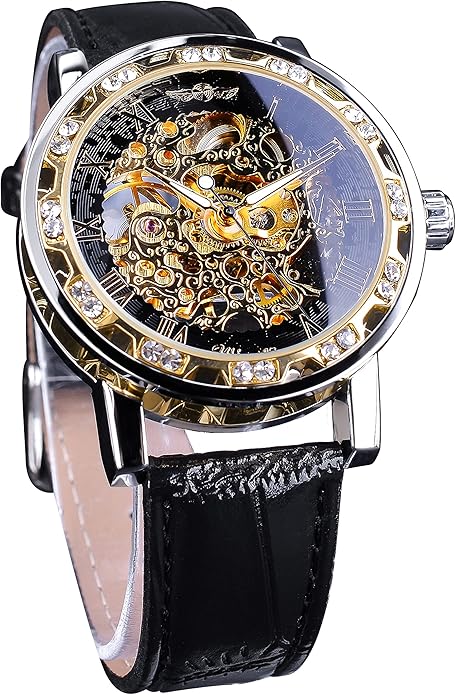 Vintage Manual Mechanical Skull Watch with Diamonds and Engraved Flower Craft Men's Skull Watch Mechanical Classic Roman Numerals