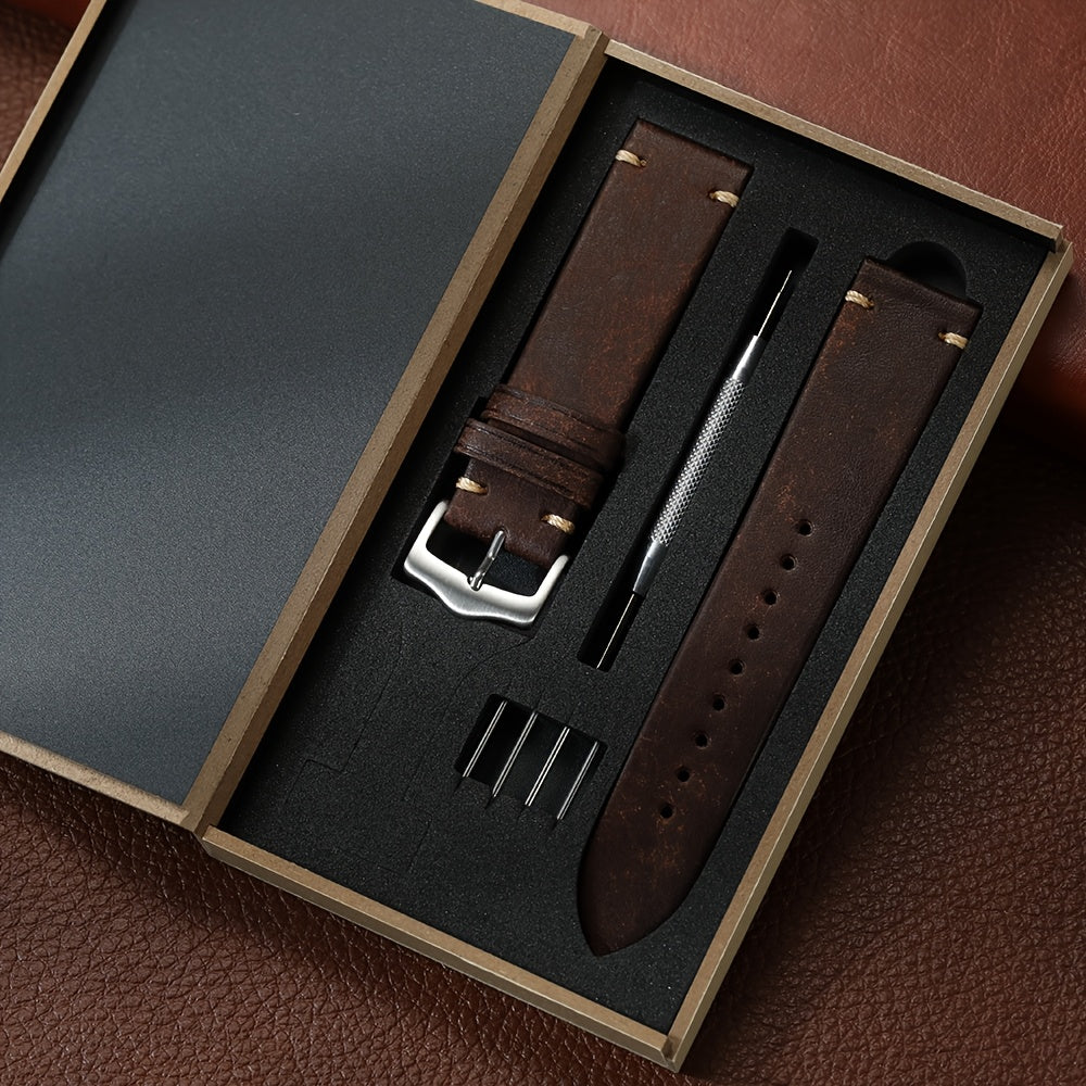 Vintage Genuine Leather Watch Strap 20mm 22mm Exquisite Gift Box Packaging, Men'S Frosted Casual Watch Band