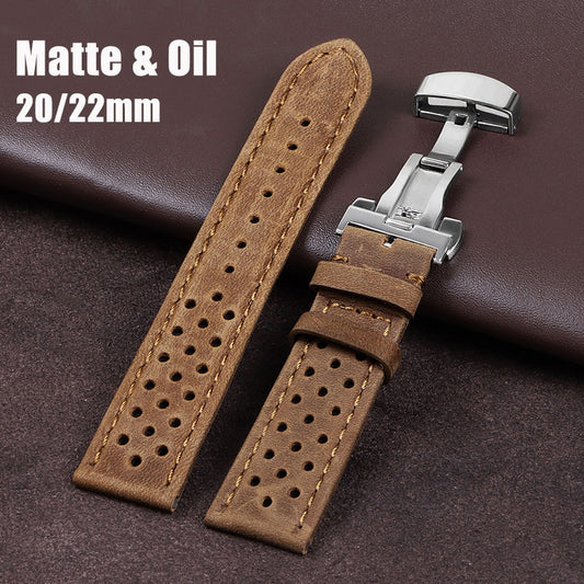 Vintage Cowhide Watchband 20Mm 22Mm Breathable Matte&Oil Leather Watch Strap Butterfly Buckle Men Women Bracelet